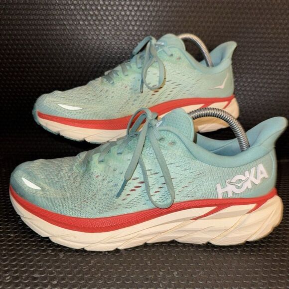 Hoka One One Clifton 8 Running Teal Coral Athletic Comfort Shoe Women Size 9.5B - Picture 1 of 8